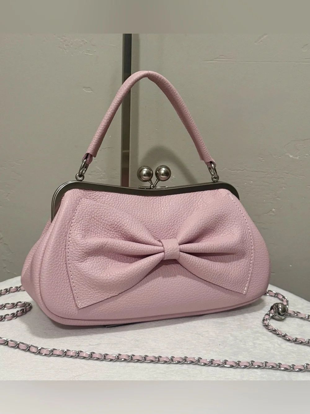 Pink Premium Cowhide Calfskin Handmade Large Bow Kisslock Bag, Multi Use Style
